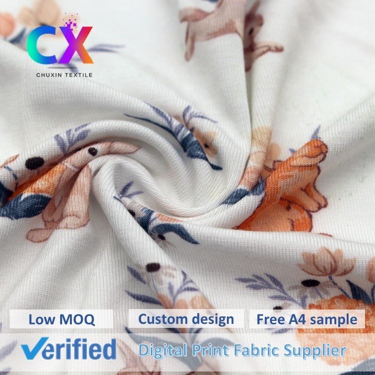 High quality custom soft stretch jersey cute animal rabbit digital printing knitted spandex bamboo fiber fabric for baby clothes