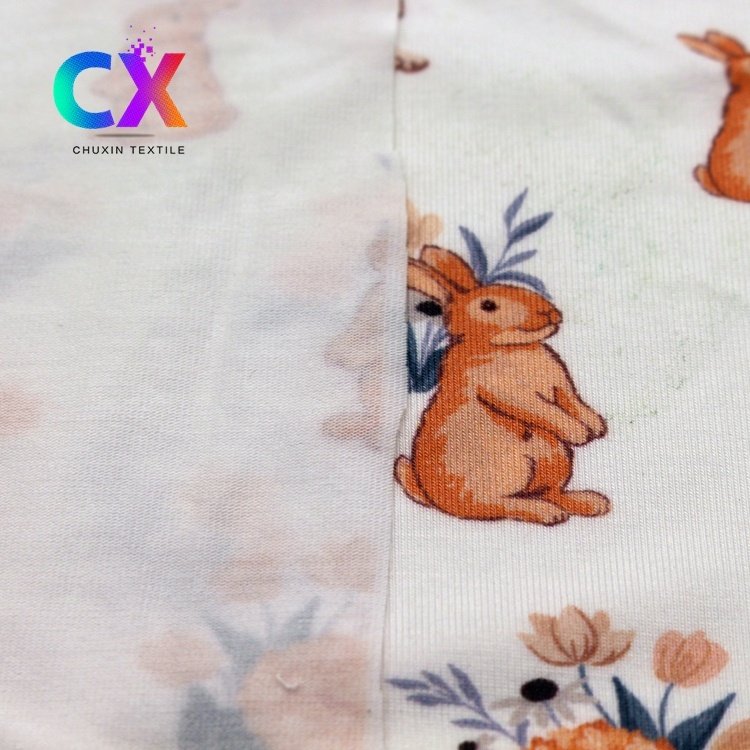 High quality custom soft stretch jersey cute animal rabbit digital printing knitted spandex bamboo fiber fabric for baby clothes