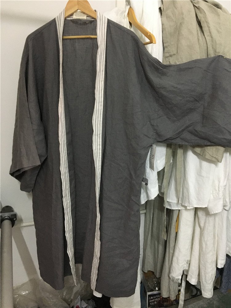100% French Linen Customized Logo Luxury Bathrobe SPA Belted Kimono Bath Robe