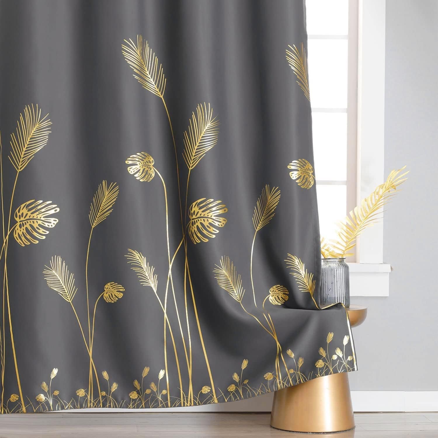 Dark Grey Blackout Curtains & Drapes Darkening Gold Palm Leaf Pattern Grommet Drapes for Bedroom