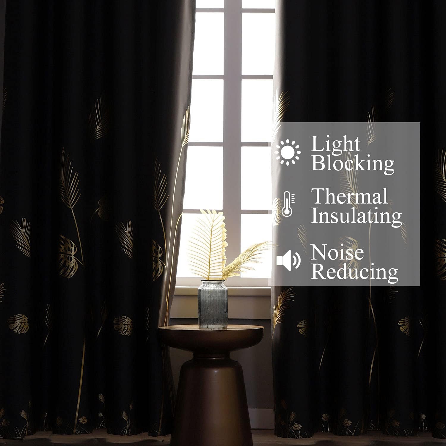 Dark Grey Blackout Curtains & Drapes Darkening Gold Palm Leaf Pattern Grommet Drapes for Bedroom