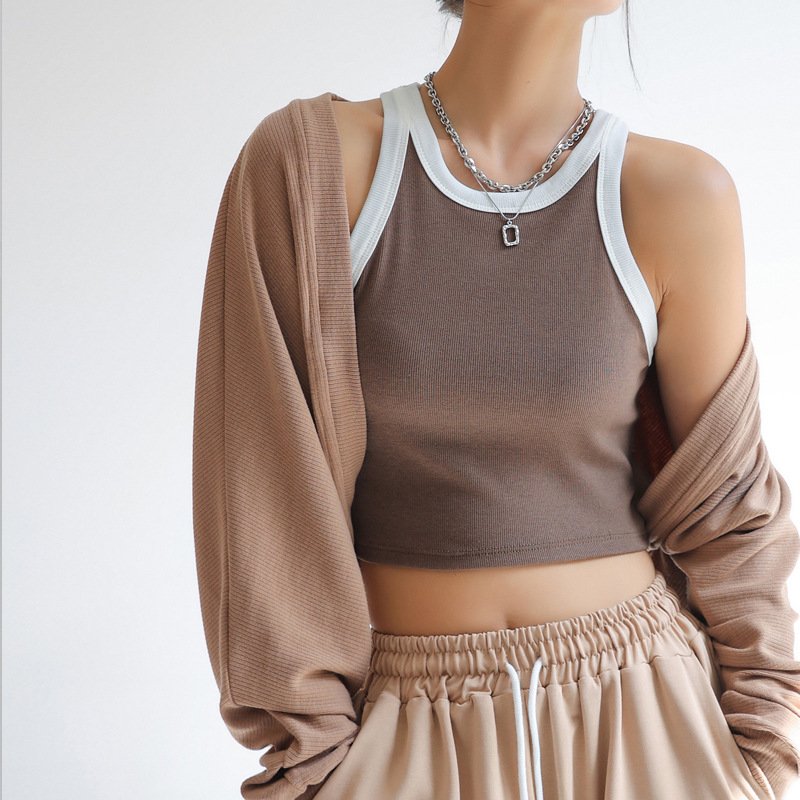 Customized Wholesale O-Neck Women'S Color Matching Sexy Sleeveless Round Neck Rib Fabric Women Tank Top
