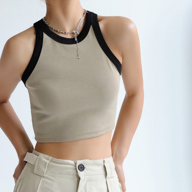 Customized Wholesale O-Neck Women'S Color Matching Sexy Sleeveless Round Neck Rib Fabric Women Tank Top
