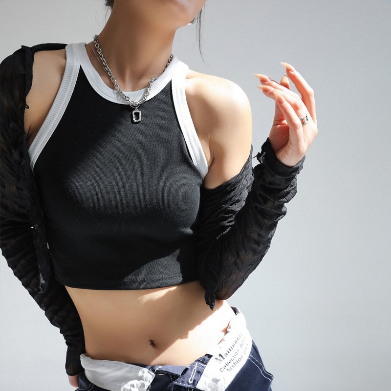 Customized Wholesale O-Neck Women'S Color Matching Sexy Sleeveless Round Neck Rib Fabric Women Tank Top