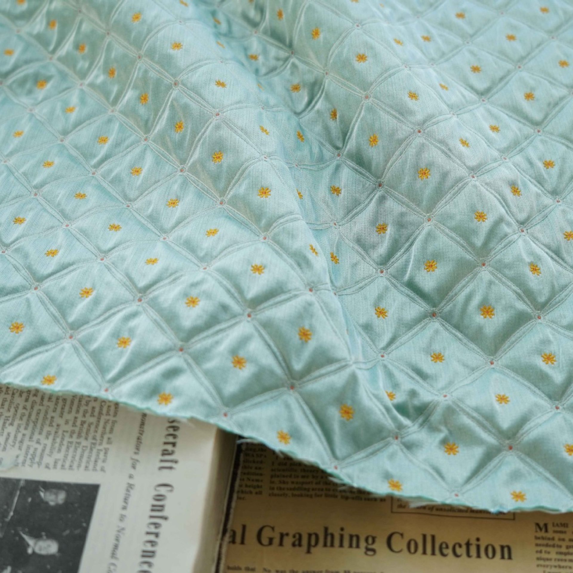 New hot selling diamond-shaped flower pattern mint green color jacquard fabric clothing