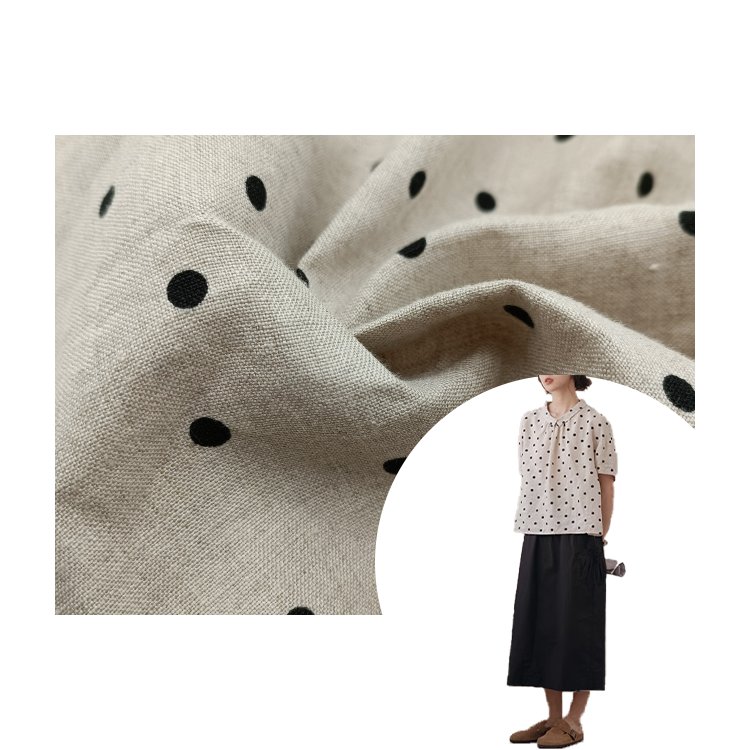 MIZUDA Woven 100% Linen Fabric Printed Fabric Custom Dots Pattern for Garment Free Sample