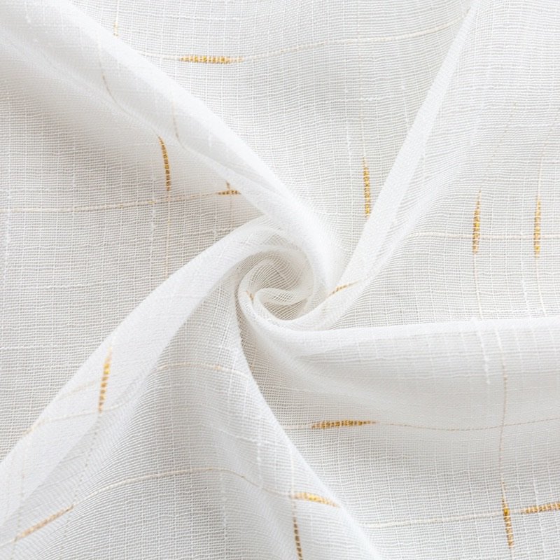 Luxury Gold and White Linen Texture Sheer Drapes Embroidered Woven Fabric Curtains for Living Room Semi-Sheer Roll Packed