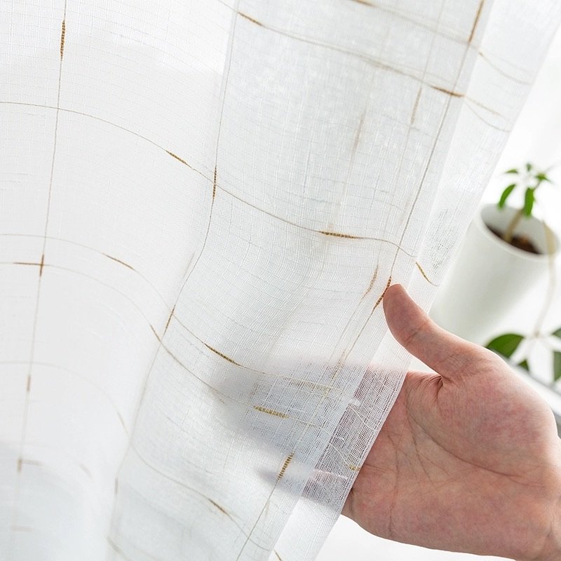 Luxury Gold and White Linen Texture Sheer Drapes Embroidered Woven Fabric Curtains for Living Room Semi-Sheer Roll Packed