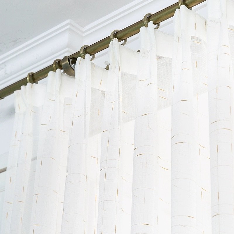 Luxury Gold and White Linen Texture Sheer Drapes Embroidered Woven Fabric Curtains for Living Room Semi-Sheer Roll Packed