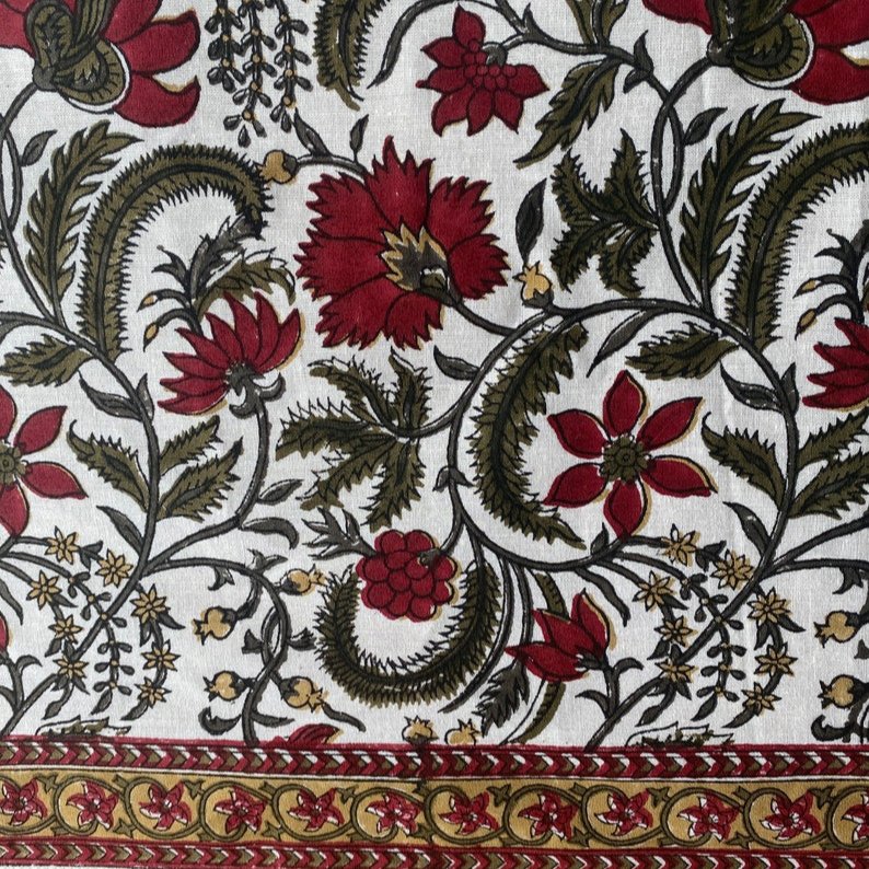 Prune Red And Army Green Colour Floral Border Design Hand Block Print Cotton Cloth Trending Tablecloth christmas tablecloths