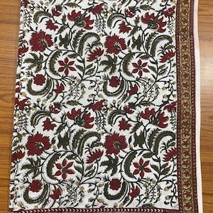 Prune Red And Army Green Colour Floral Border Design Hand Block Print Cotton Cloth Trending Tablecloth christmas tablecloths
