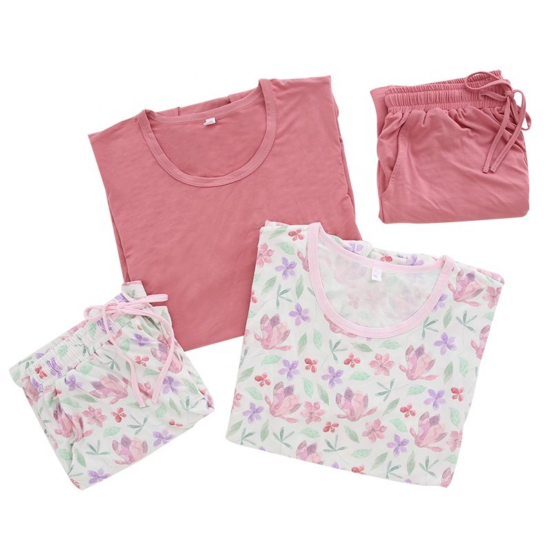 Extra Soft Girls/Women Summer Sleepwear Sets 95% Bamboo 5% Spandex Short Sleeve Tops and Short Pants Mommy Pajamas