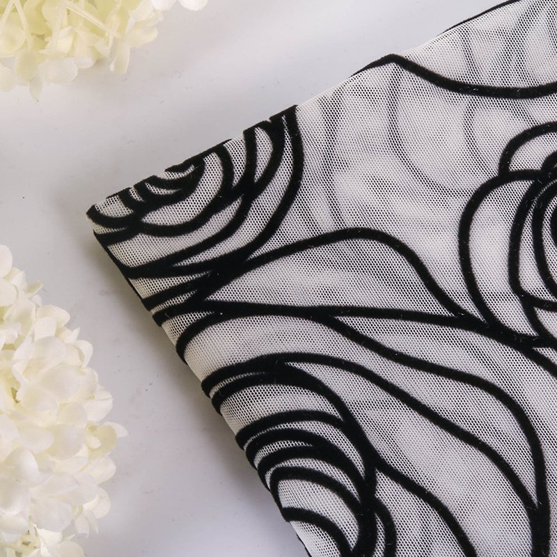 Polyester Spandex Rose Pattern Mesh Tulle Flocked Fabric For Clothes