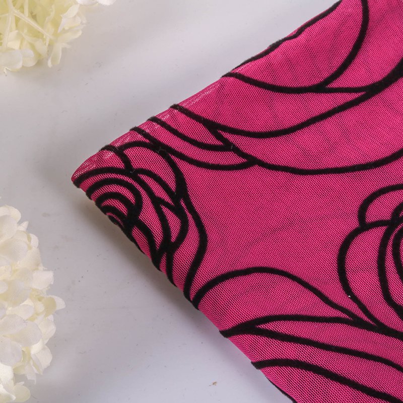 Polyester Spandex Rose Pattern Mesh Tulle Flocked Fabric For Clothes