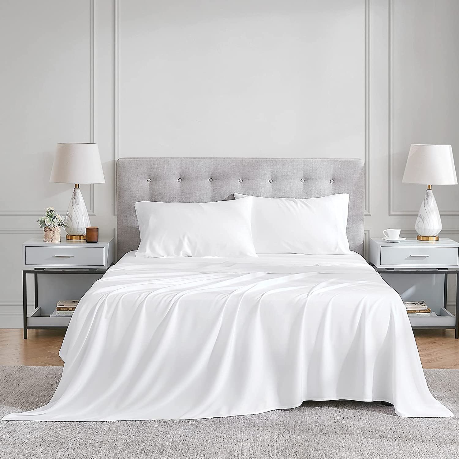 Home Textile 300TC 100% Bamboo Fabric Fitted Sheet Bedding Set with Pillow Cases for Hotel & Hospital Use Linen & Cotton Filling
