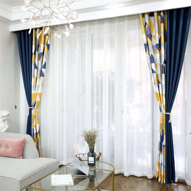 Modern Nordic Style Geometric Print Stitching Drapes Cotton Linen Blackout Curtain For The Living Room Bedroom