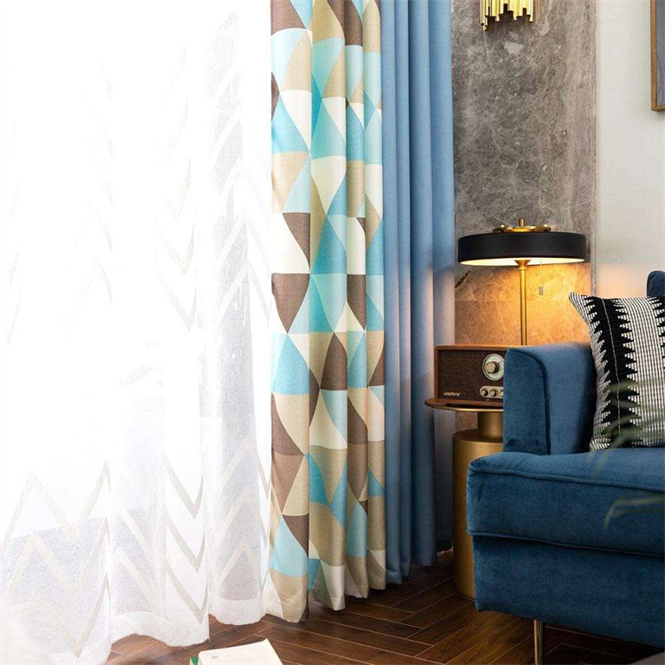 Modern Nordic Style Geometric Print Stitching Drapes Cotton Linen Blackout Curtain For The Living Room Bedroom