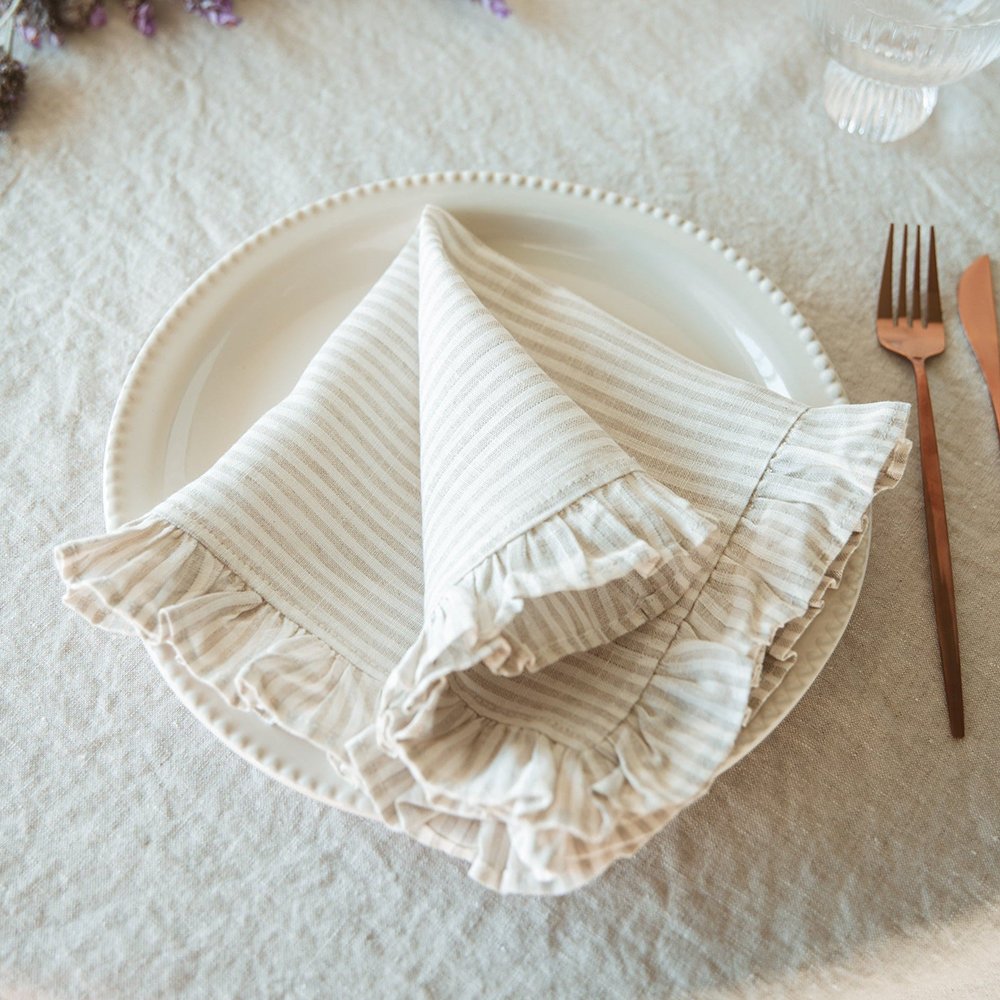 Custom 40*40cm Ruffle Edge pure Linen napkins for wedding stripe fabric Embroidered grid Cotton Linen napkin table placemat