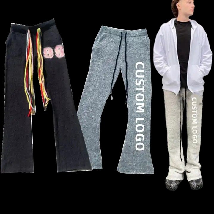 OEM Custom Logo Men's Jogging Sweatpants New Trend Patch Pocket Mohair Stacked Flare Casual Cargo Pants Made High Quality Fabric