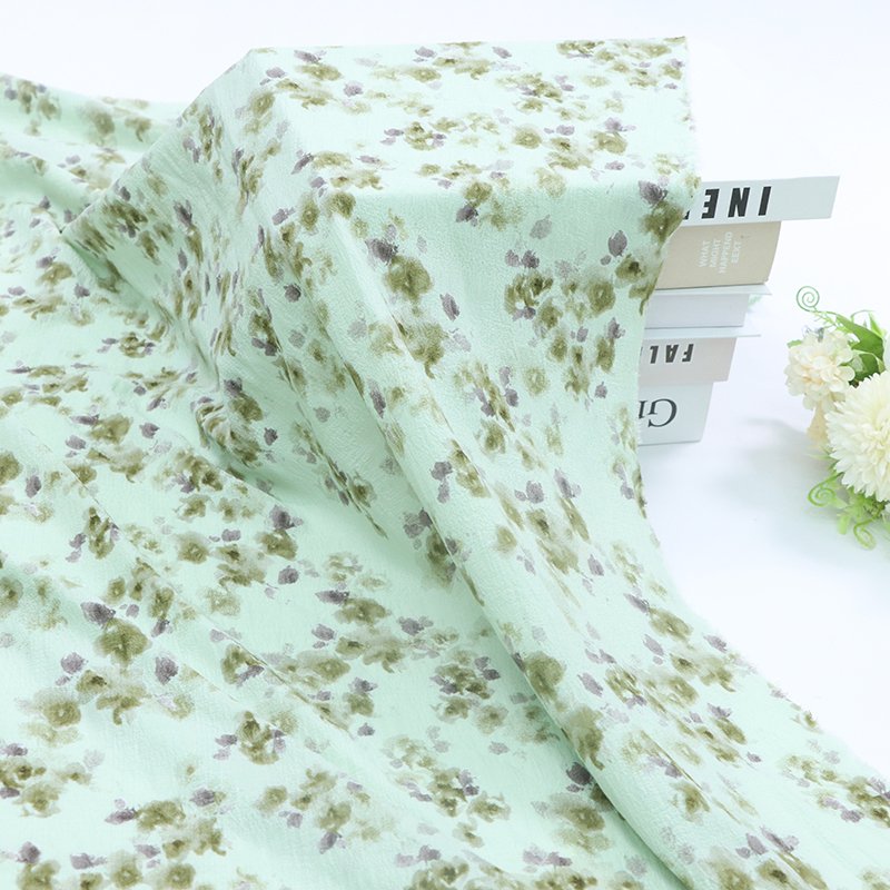 High Quality 100% Polyester Fabric Summer Floral Dress Fashion Print Beach Skirt with Fresh Small Bubble Chiffon Wrinkled Style