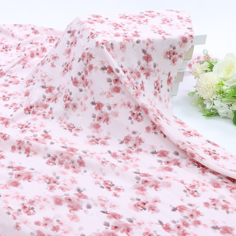 High Quality 100% Polyester Fabric Summer Floral Dress Fashion Print Beach Skirt with Fresh Small Bubble Chiffon Wrinkled Style