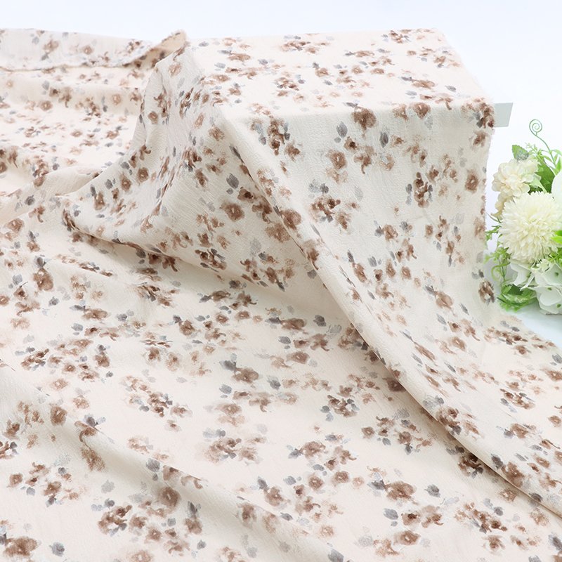 High Quality 100% Polyester Fabric Summer Floral Dress Fashion Print Beach Skirt with Fresh Small Bubble Chiffon Wrinkled Style