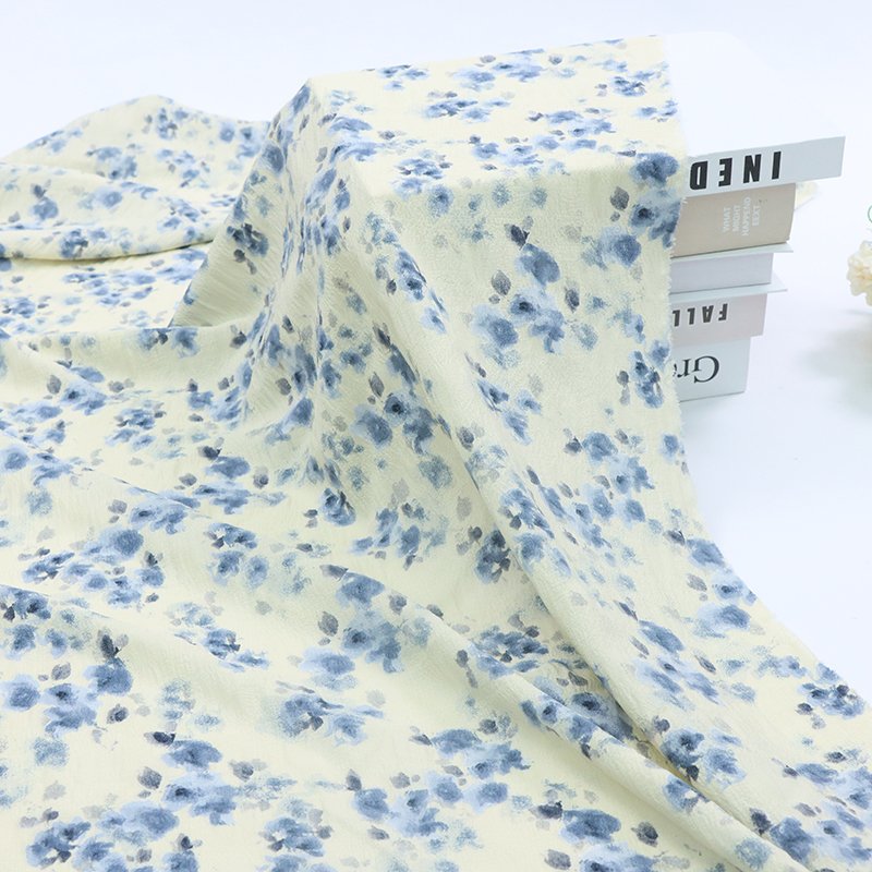 High Quality 100% Polyester Fabric Summer Floral Dress Fashion Print Beach Skirt with Fresh Small Bubble Chiffon Wrinkled Style