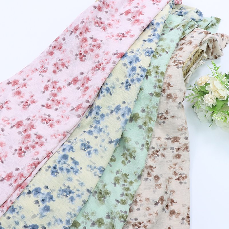 High Quality 100% Polyester Fabric Summer Floral Dress Fashion Print Beach Skirt with Fresh Small Bubble Chiffon Wrinkled Style