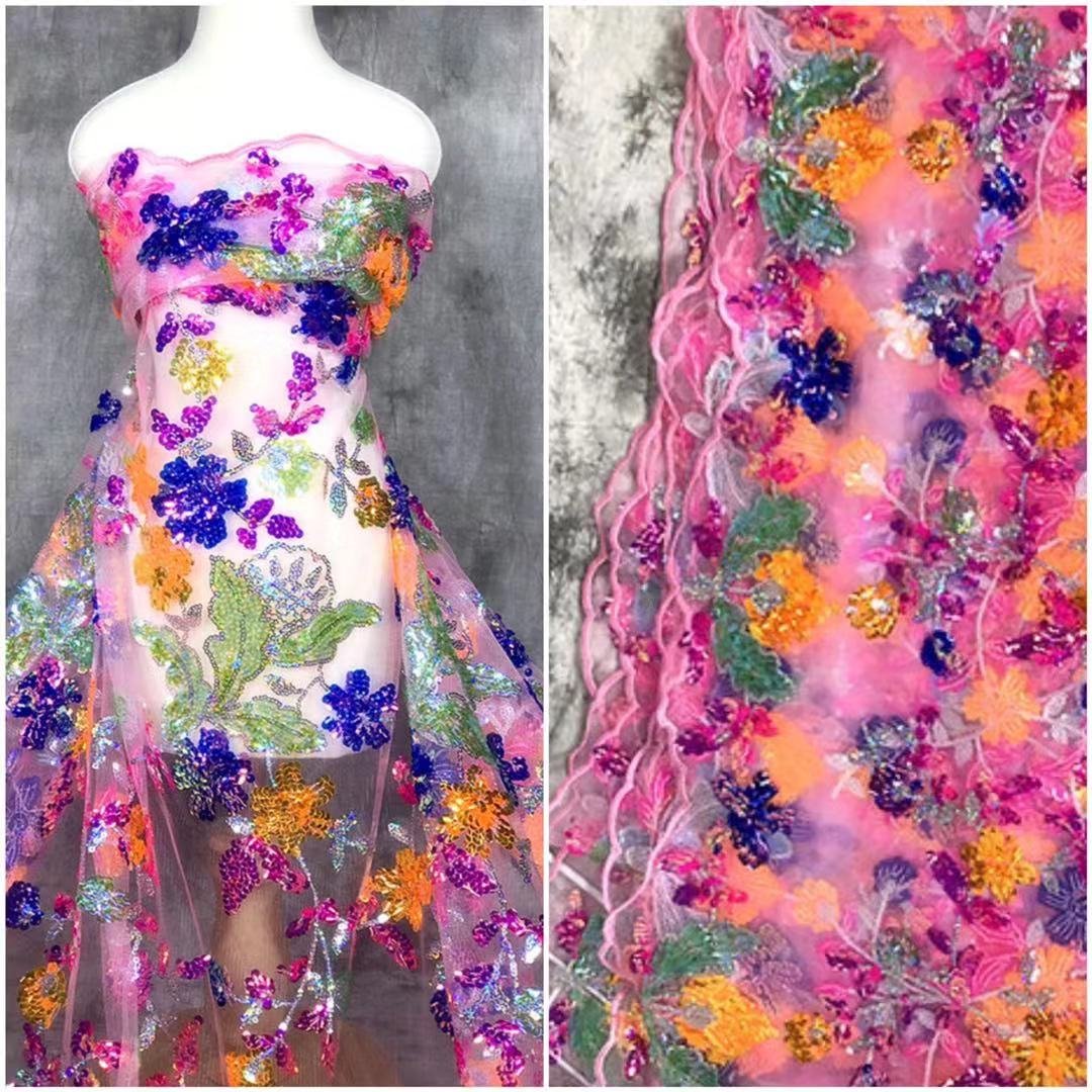 Heavy Industry Transparent Color Crystal Glitter Daffodil Shiny high-end custom creative designer fabric embroidered fabric