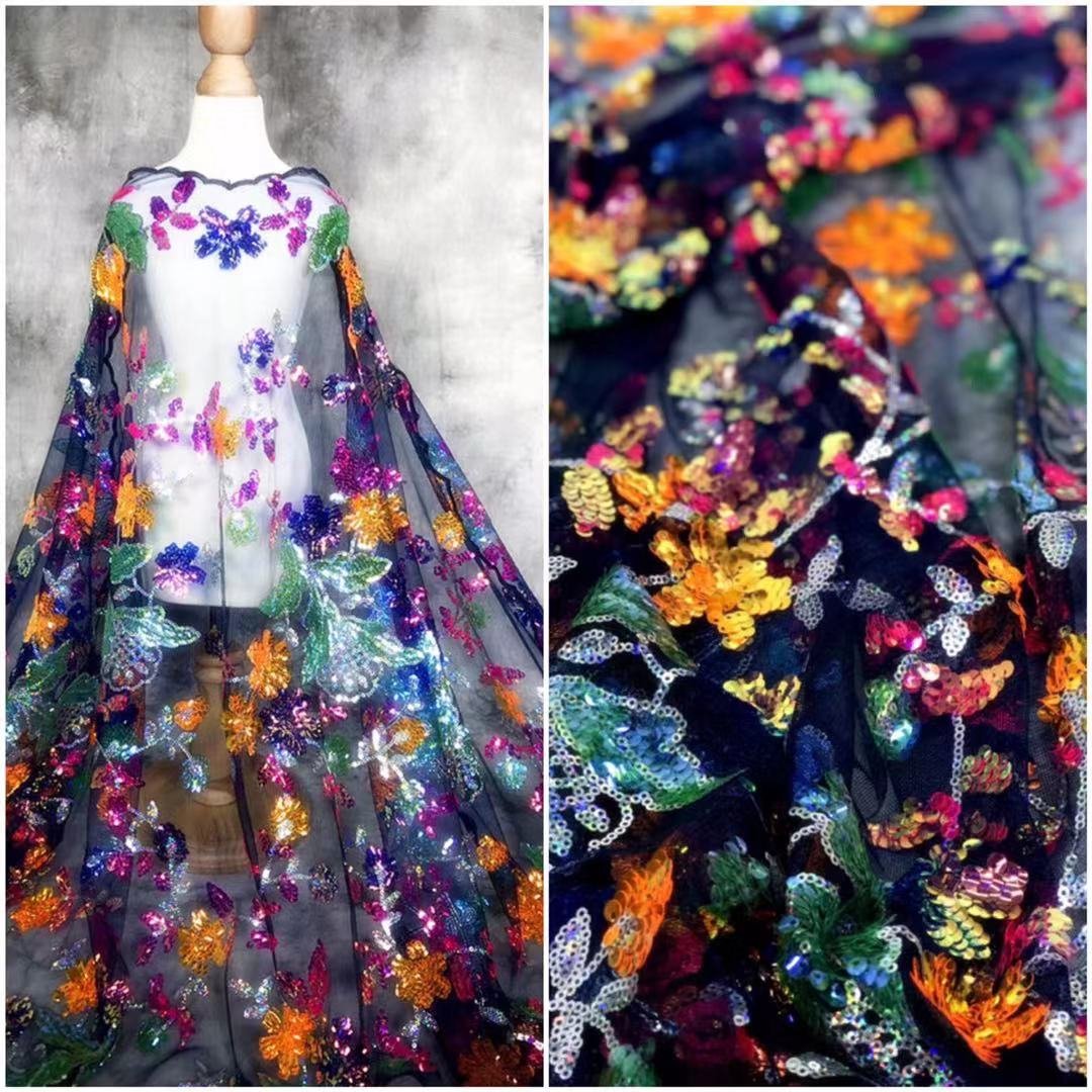 Heavy Industry Transparent Color Crystal Glitter Daffodil Shiny high-end custom creative designer fabric embroidered fabric