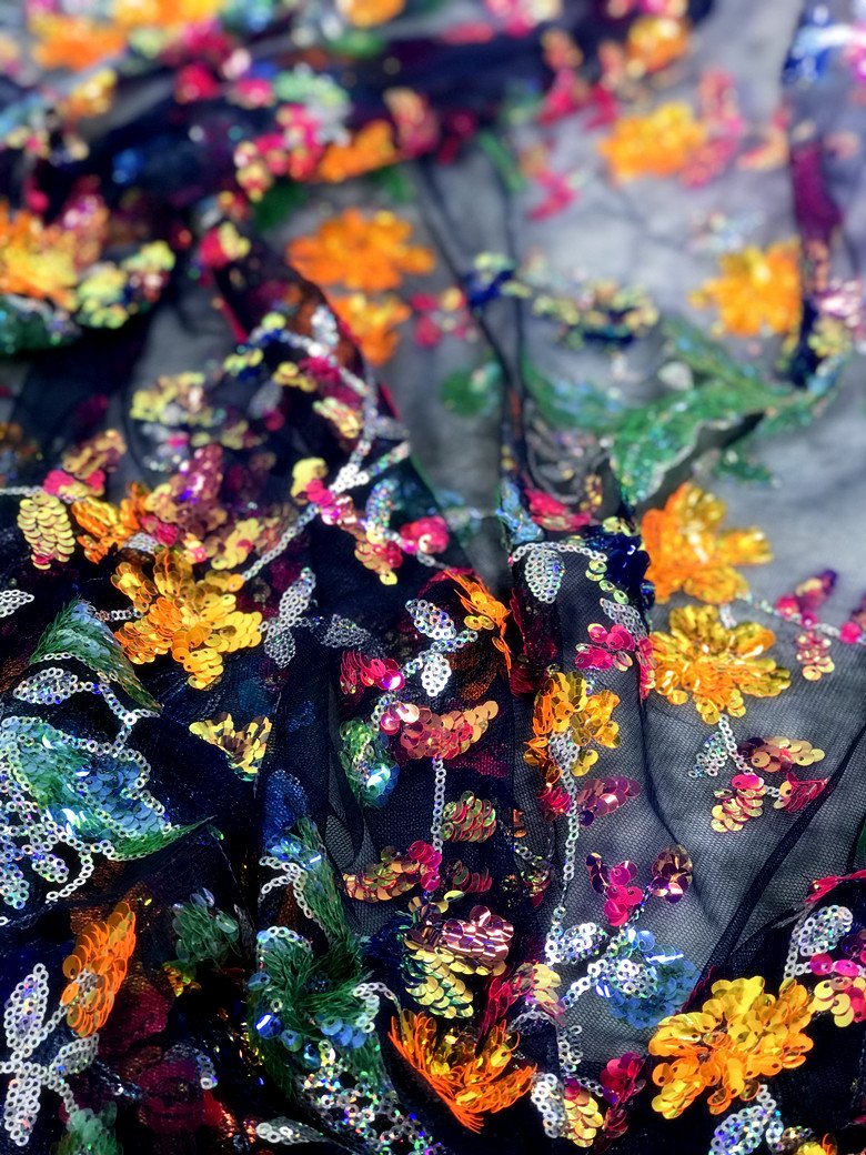 Heavy Industry Transparent Color Crystal Glitter Daffodil Shiny high-end custom creative designer fabric embroidered fabric