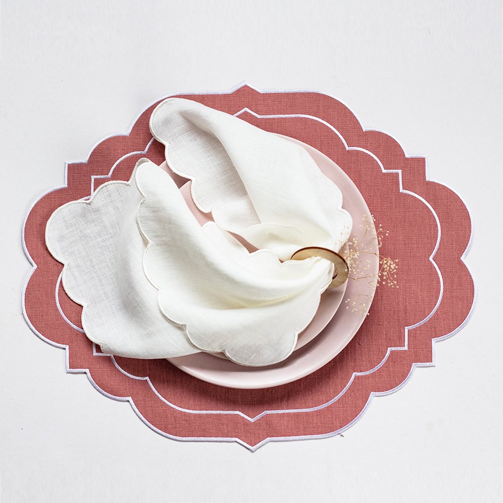 Personalized scalloped edge custom French Luxury flax pure table linen Napkins with embroideered monogram