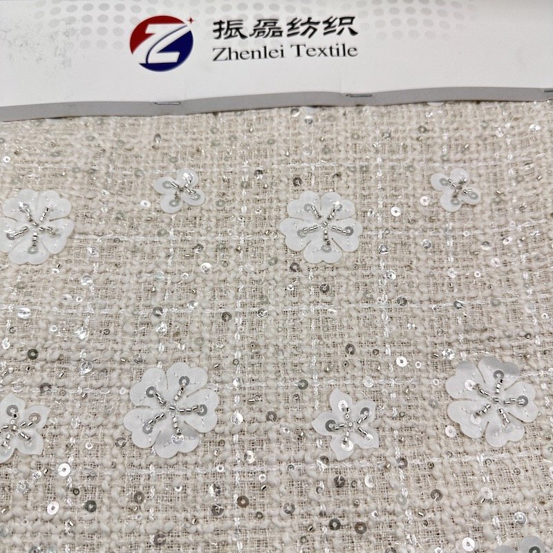 Fashion style manufacturer polyester acrylic rayon sequin blend woven tweed fabric for dresses