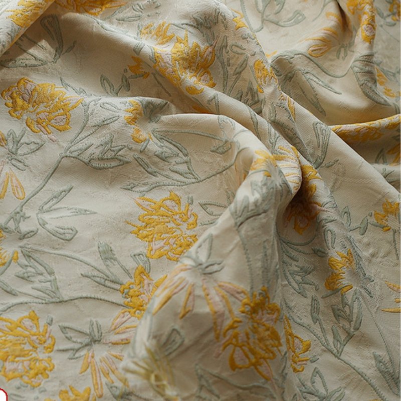 New style woven clothing fabric simple strokes pastoral yellow flower jacquard pattern dress fabric