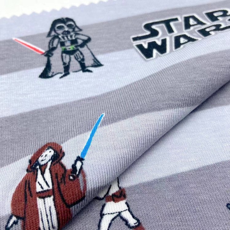 Cute grey stripe star cartoon wars printed stretch cotton bamboo fiber 1*1 knit rib jersey fabric for kids