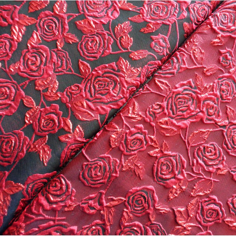 Red rose good quality 100%polyester woven customize fashion yarn dyed brocade jacquard fabrics for dress