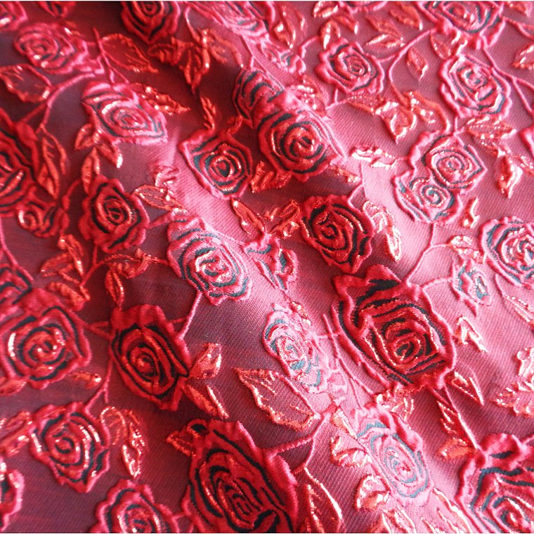 Red rose good quality 100%polyester woven customize fashion yarn dyed brocade jacquard fabrics for dress