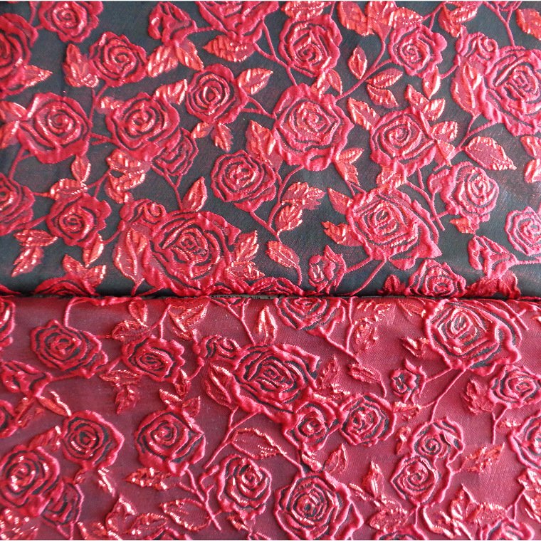 Red rose good quality 100%polyester woven customize fashion yarn dyed brocade jacquard fabrics for dress