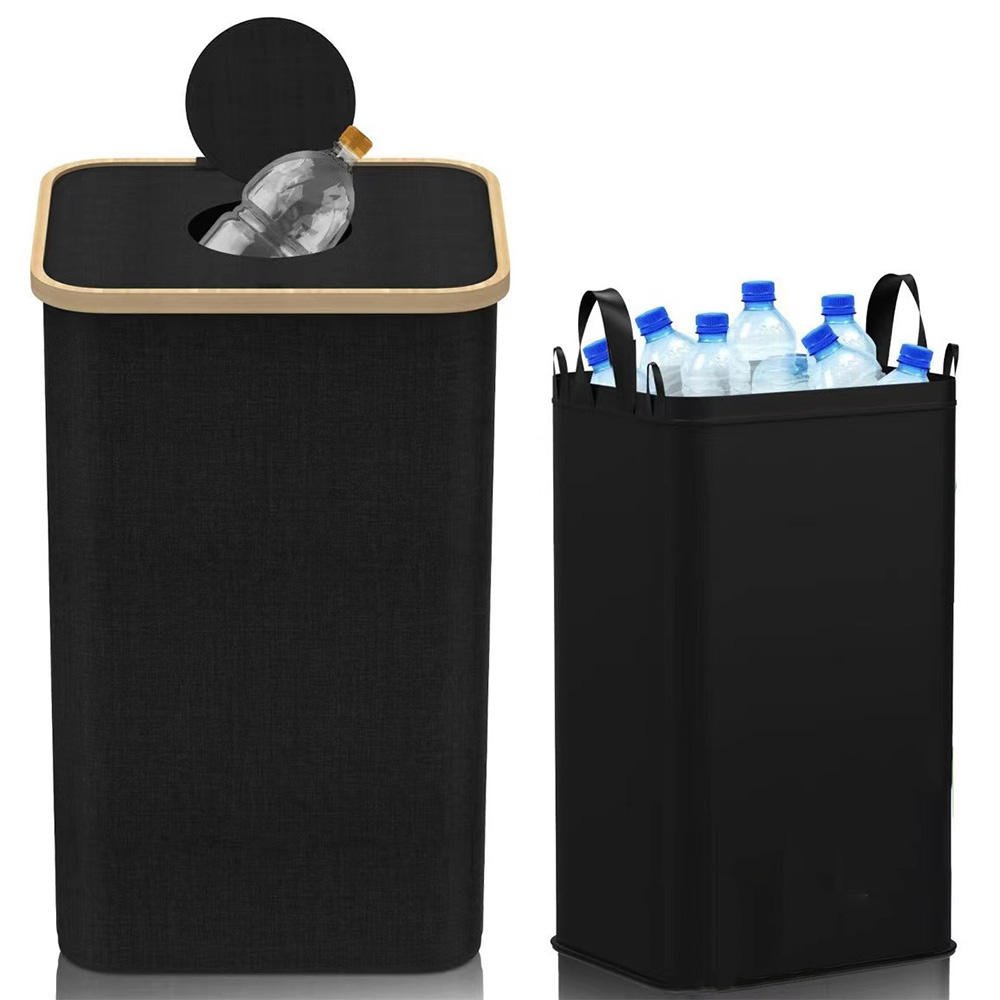 Addreen Bamboo black deposit bottle container storage basket recycling bin bottle collection with carry bag for flip top design