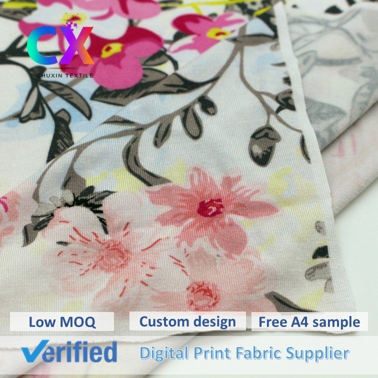 Natural material custom design floral 230gsm bamboo fiber elastic stretch knit weft jersey digital printing fabrics for t-shirt