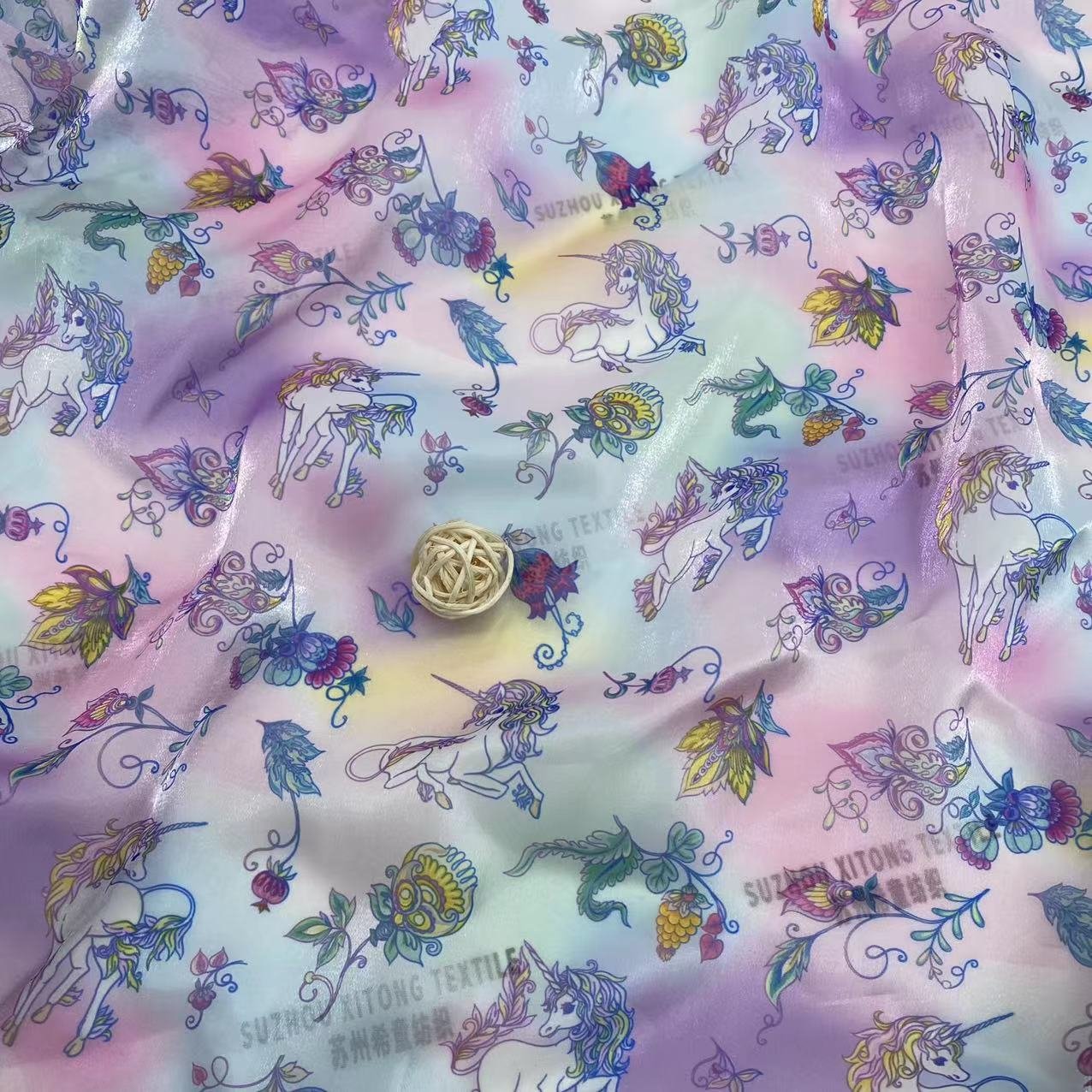 Hot selling polyester soft shiny cute design rainbow background liquid organza fabric for kids dress