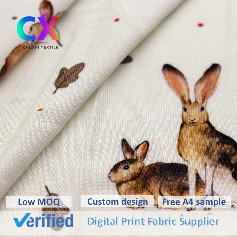 Eco friendly custom soft leaf animal rabbit spandex bamboo fiber jersey knit digital printed fabric for baby jumpsuit sleep