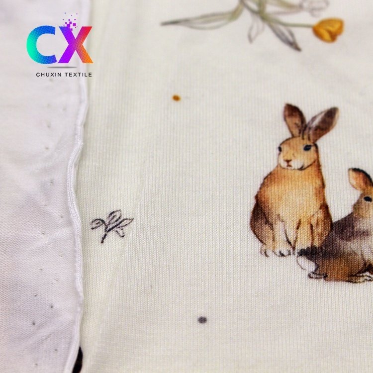 Eco friendly custom soft leaf animal rabbit spandex bamboo fiber jersey knit digital printed fabric for baby jumpsuit sleep