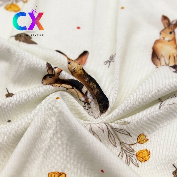 Eco friendly custom soft leaf animal rabbit spandex bamboo fiber jersey knit digital printed fabric for baby jumpsuit sleep