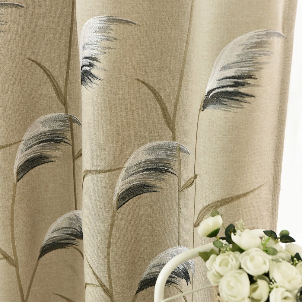 Farmhouse Style Floral Embroidery Linen Textured Blackout Curtains for Living Room Bedroom Luxury Silver Grommet Window Drape