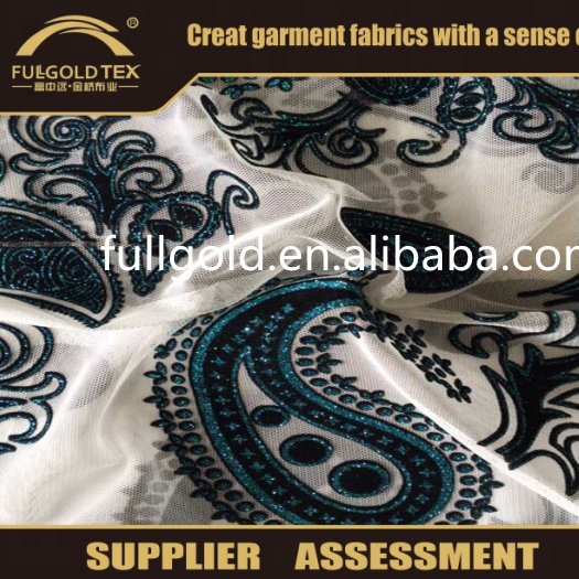 High Quality Wholesale Custom Stretch Soft Tulle Polyester Flocked Flocking Foil Printed Mesh Paisley Mesh Fabric For Clothing
