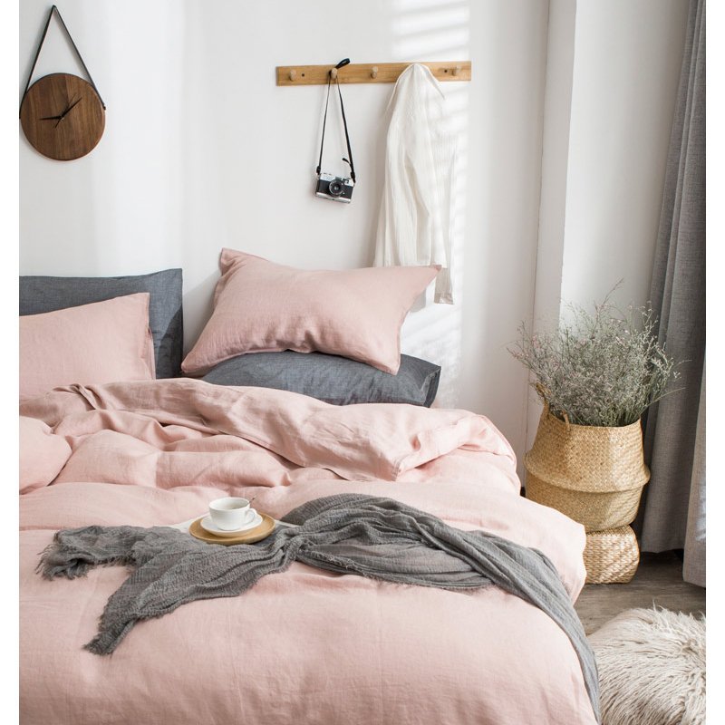 wholesale 100 pure Washed linen bedding set king size 14S linen bed sheet and duvet