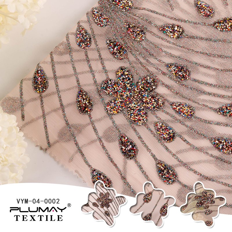 100%Polyester skin glitter gold foil flower four Way Stretchy knit tulle mesh fabric for dress