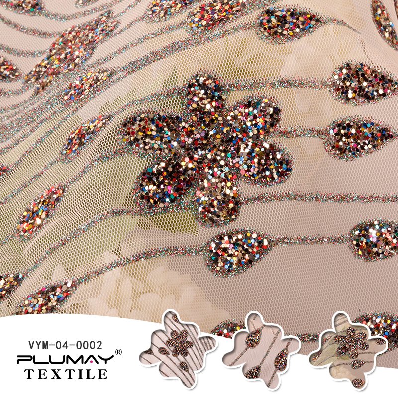 100%Polyester skin glitter gold foil flower four Way Stretchy knit tulle mesh fabric for dress