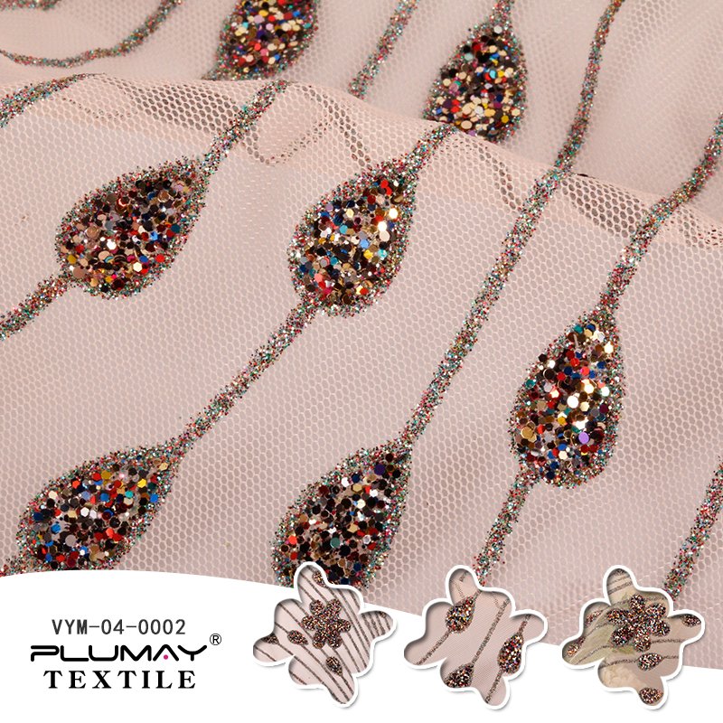 100%Polyester skin glitter gold foil flower four Way Stretchy knit tulle mesh fabric for dress